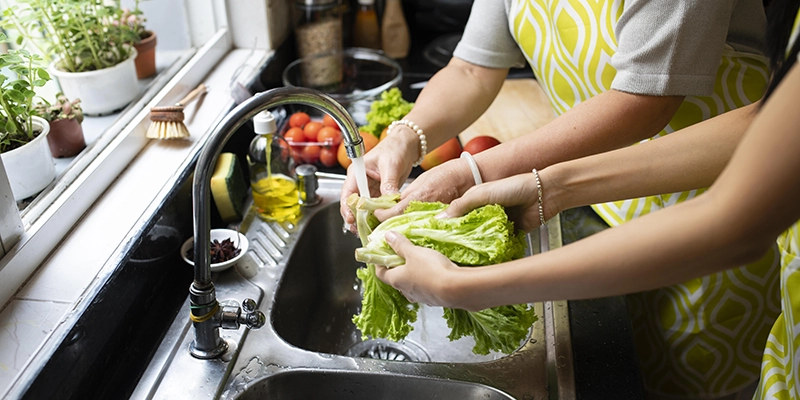 holiday plumbing - Holiday Plumbing Care - two women washing vegetables over kitchen sink