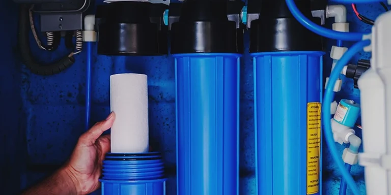 water safety - Solving Water Safety Challenges with Whole House Filtration - person with set of large water filters
