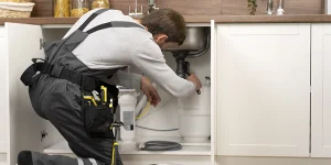 plumbing problems - Summer Solutions to Common Home & Business Plumbing Problems - worker repairing plumbing under sink