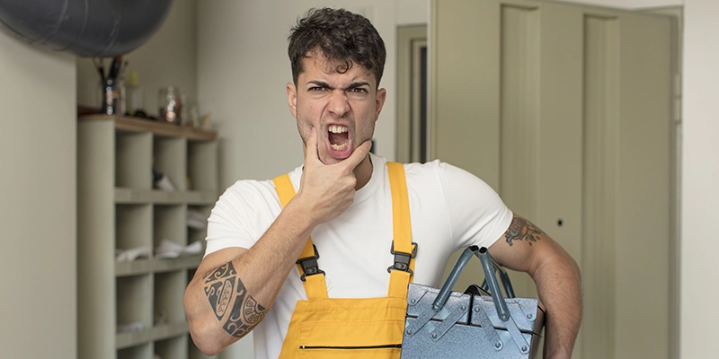 annual maintenance - While owning a home can be very rewarding, it can also be overwhelming and expensive if maintenance is neglected - man with mouth wide open and hand on chin holding tool box