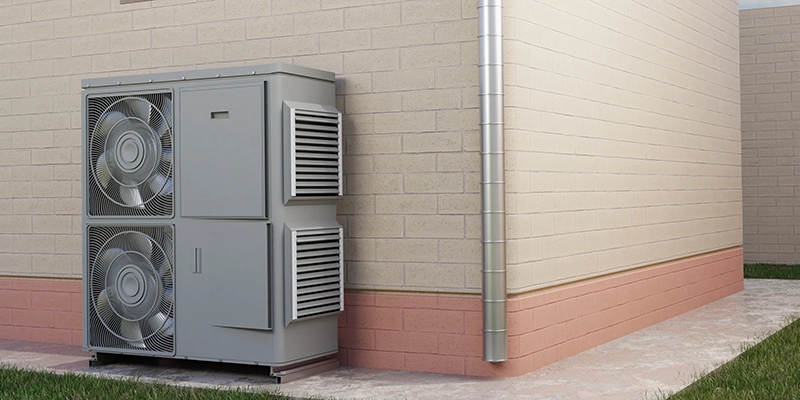 heat pump - What You Need to Know about the Refrigerant in Your Heat Pump - heat pump outside of house with brick walls and grass