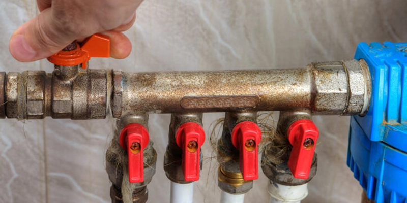 shut-off valve - Person shutting off the water flow- white pvc pipes with valves and main valve controller