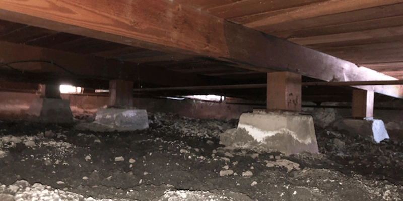sewer - How To Eliminate Sewer Smell From Your House - view of supports underneath house