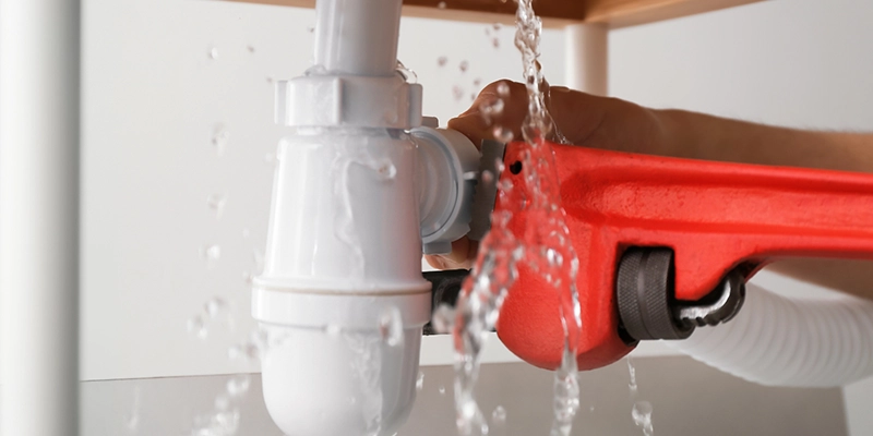 leak detection - Signs Of a Plumbing Leak - wrench on leaking pipe