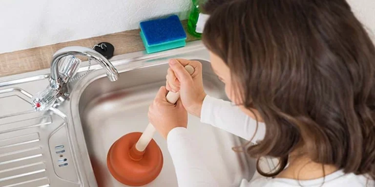 gurgle - fix kitchen sink - woman using plunger sink