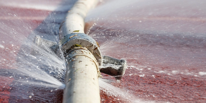 slab leak - acidic water causes slab leaks - hose with spraying water from leaks