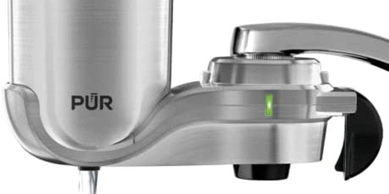 water filtration - Pur Plus Faucet Mount Water Filtration System - pur water filter attached to faucet with water flowing